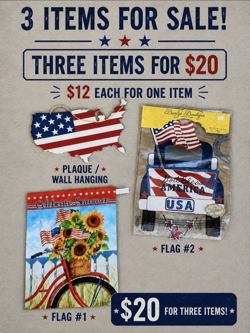 3 Patriotic USA Wall Plaque & Flags Set And Wall Plaque - Red, White & Blue
